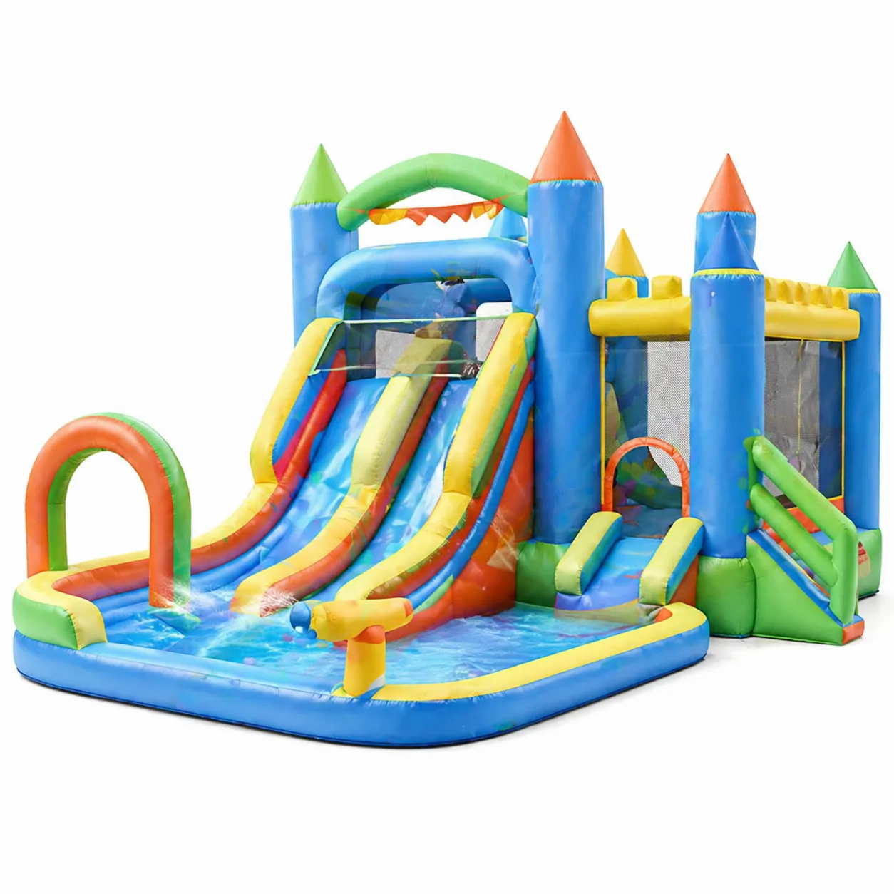 Château gonflable avec toboggan en tissu PVC multicolore-Arvilen