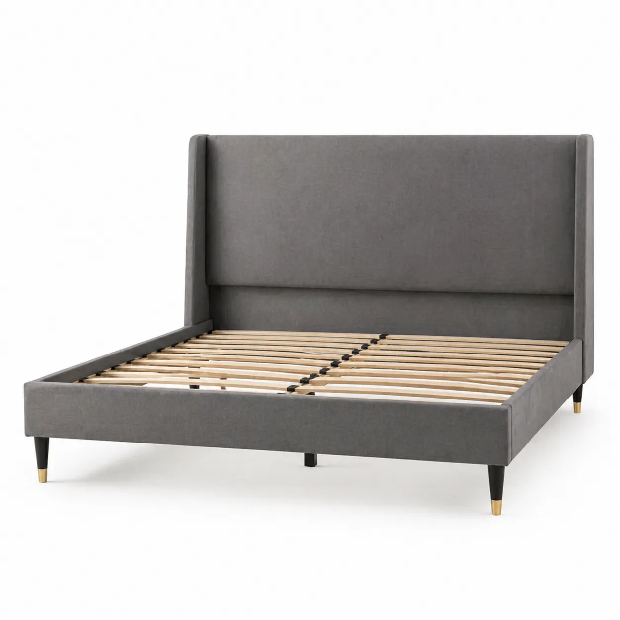 Lit double en tissu avec pieds en bois et métal - Gris-Arvilen