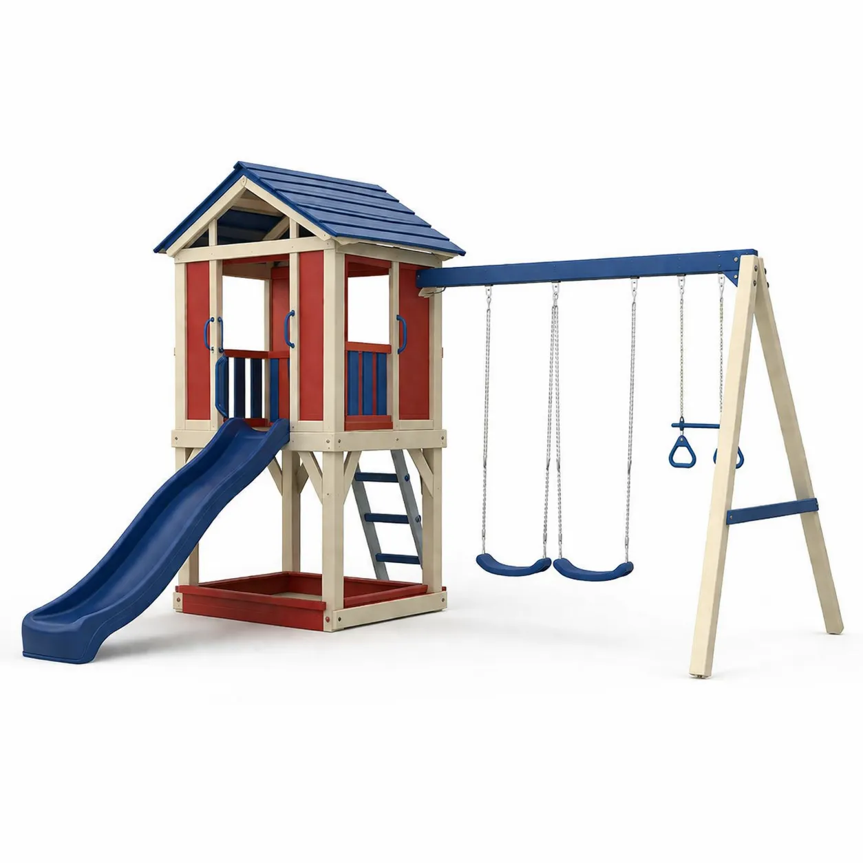 Aire de jeux en bois et plastique Bleu/Rouge/Beige avec balançoire et toboggan-Arvilen
