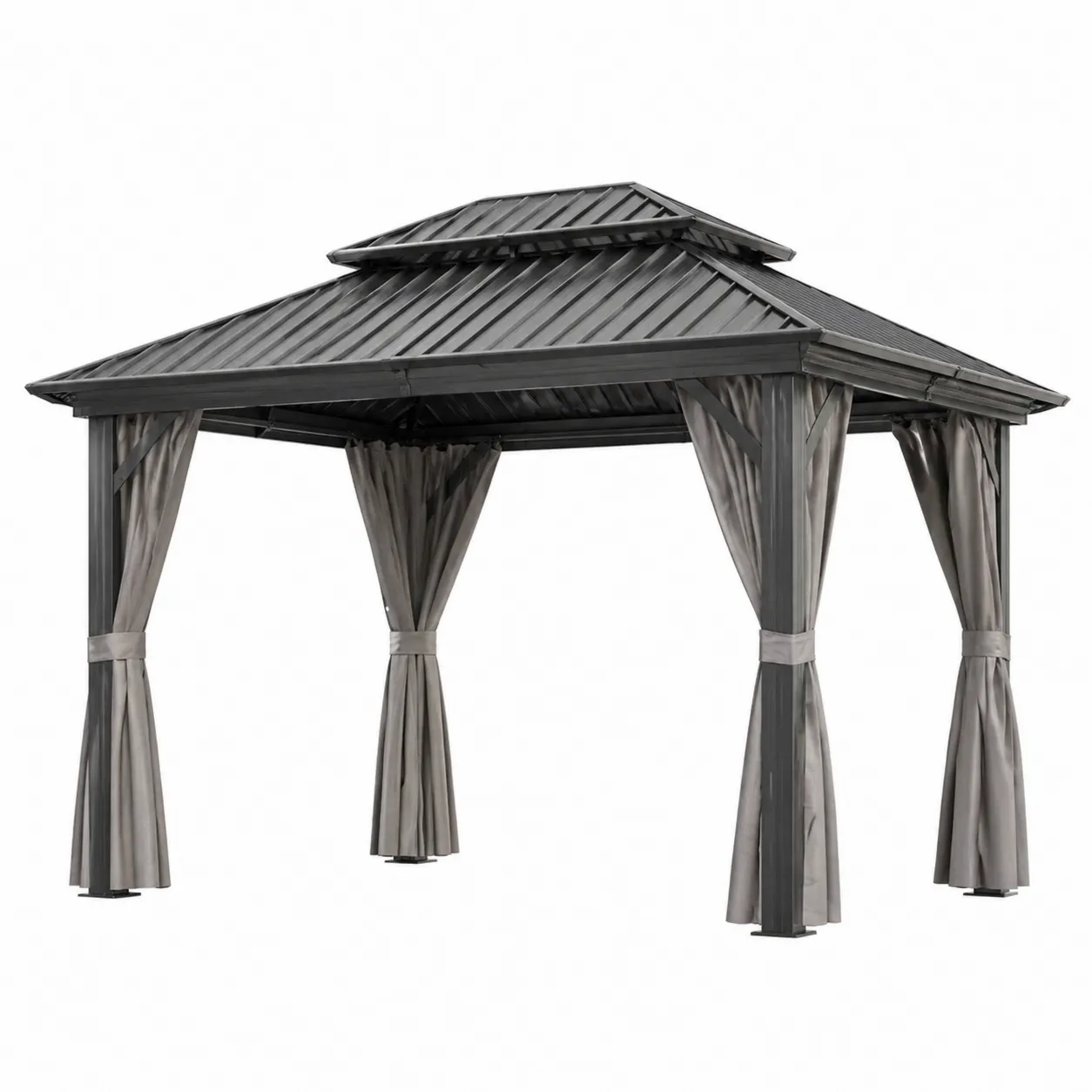 Pavillon en aluminium avec toit en métal et rideaux en polyester gris-Arvilen