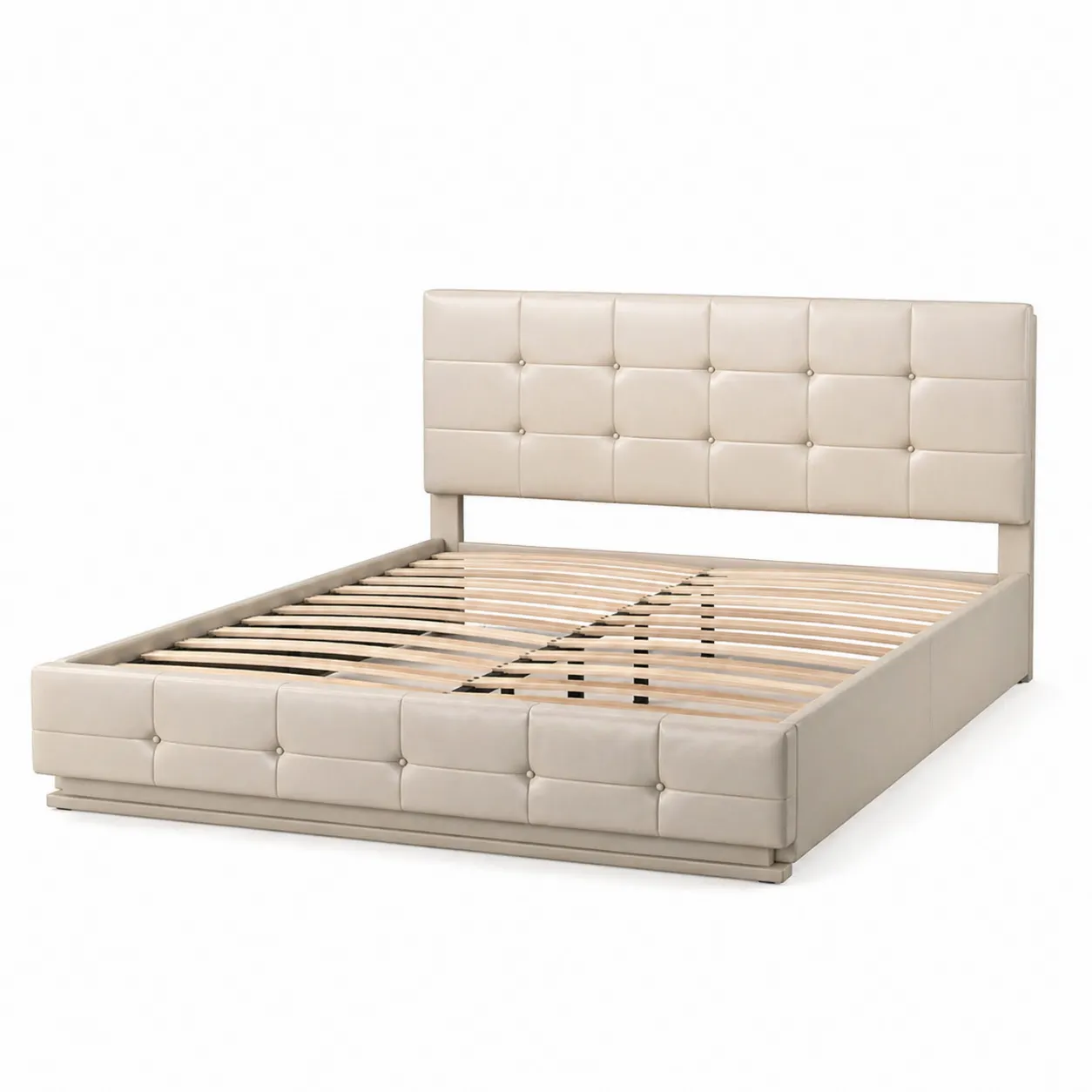 Lit double en cuir synthétique beige avec sommier à lattes-Arvilen
