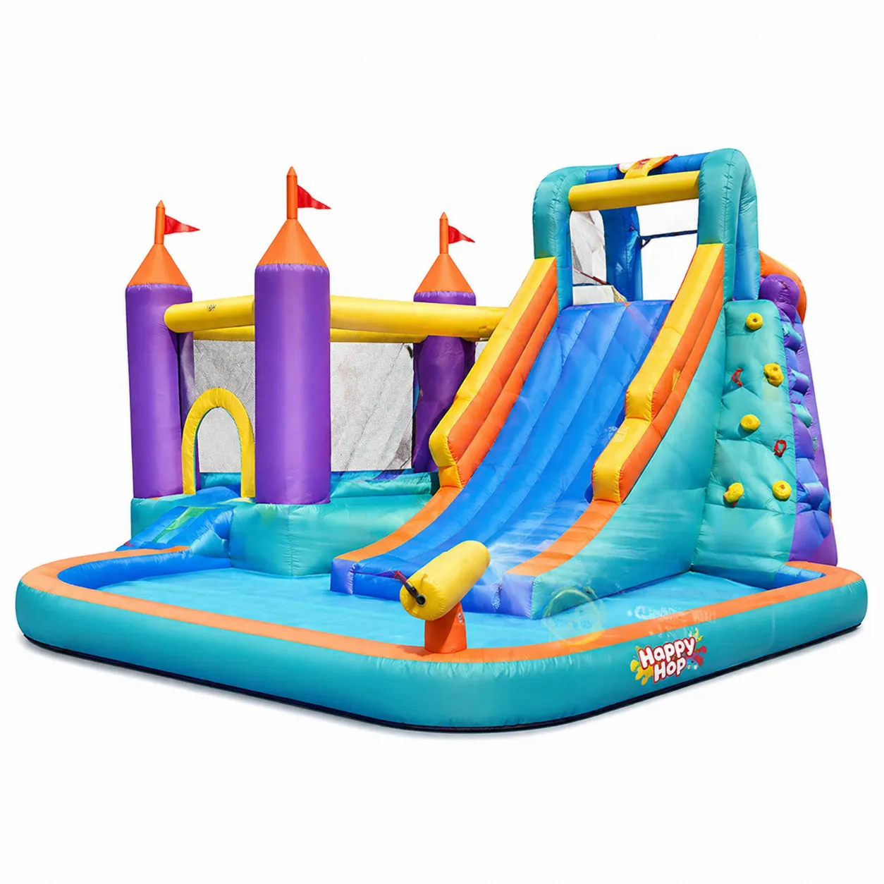 Château gonflable avec toboggan et mur d'escalade en PVC multicolore-Arvilen