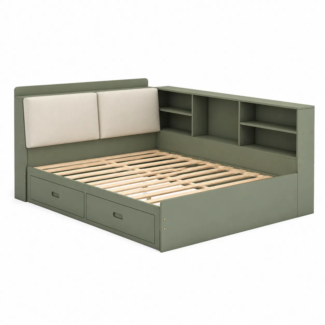 Lit en bois avec rangements et coussins en polyester Vert et Beige 200x140 cm-Arvilen