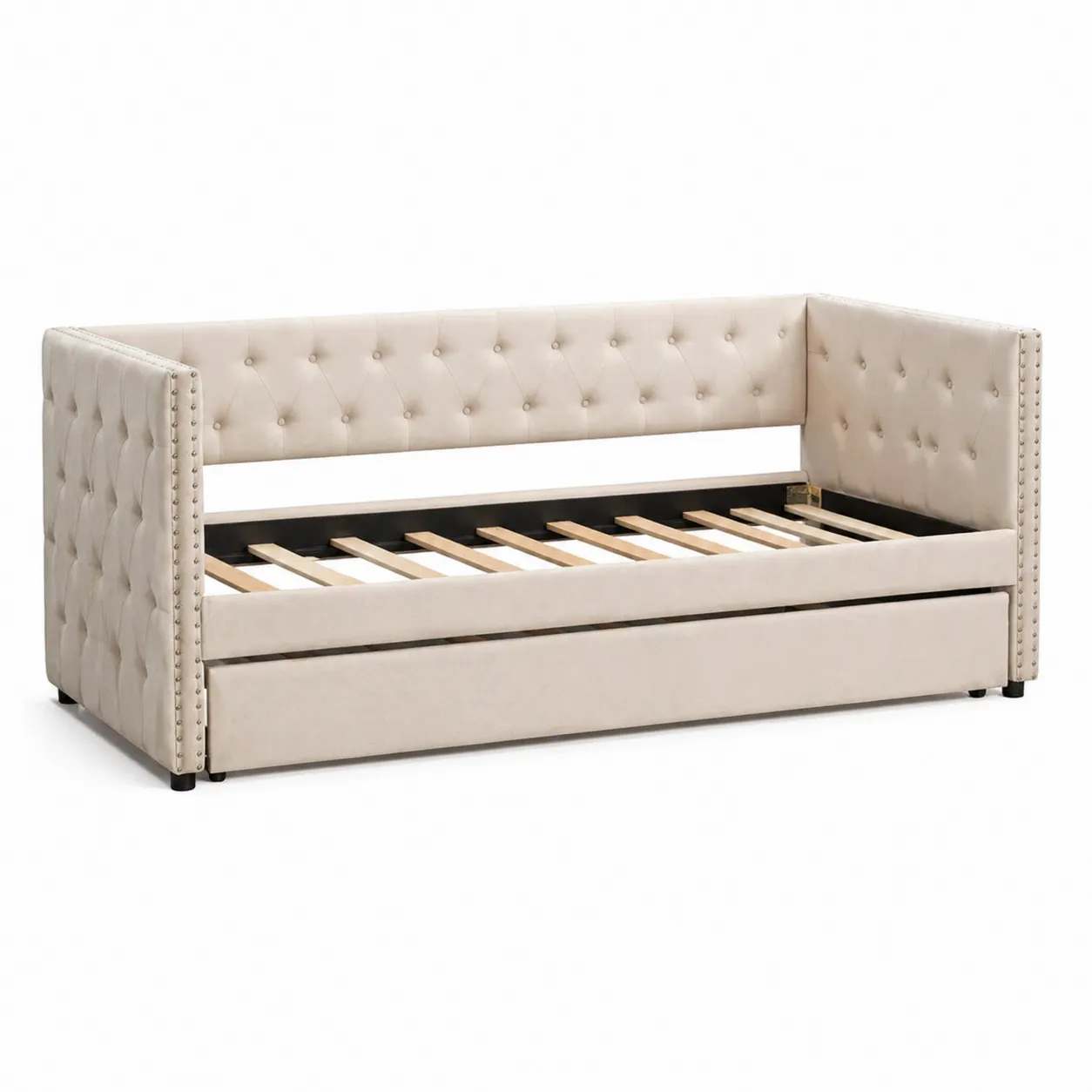 Lit de jour en velours beige avec tiroir et design capitonné-Arvilen