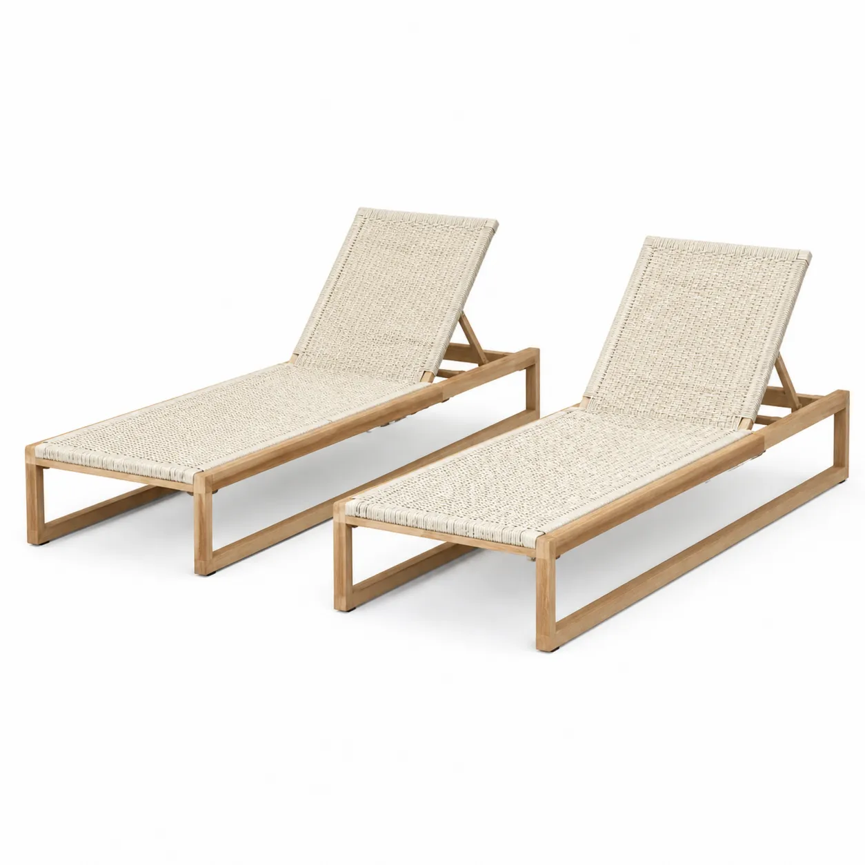 Lot de 2 chaises longues extérieures en bois de teck et tissu synthétique beige-Arvilen
