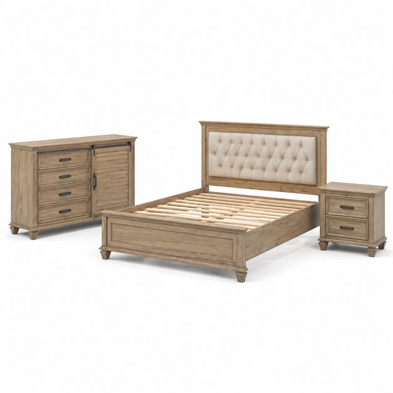 Ensemble de chambre en bois de chêne avec tête de lit capitonnée, commode et table de chevet-Arvilen