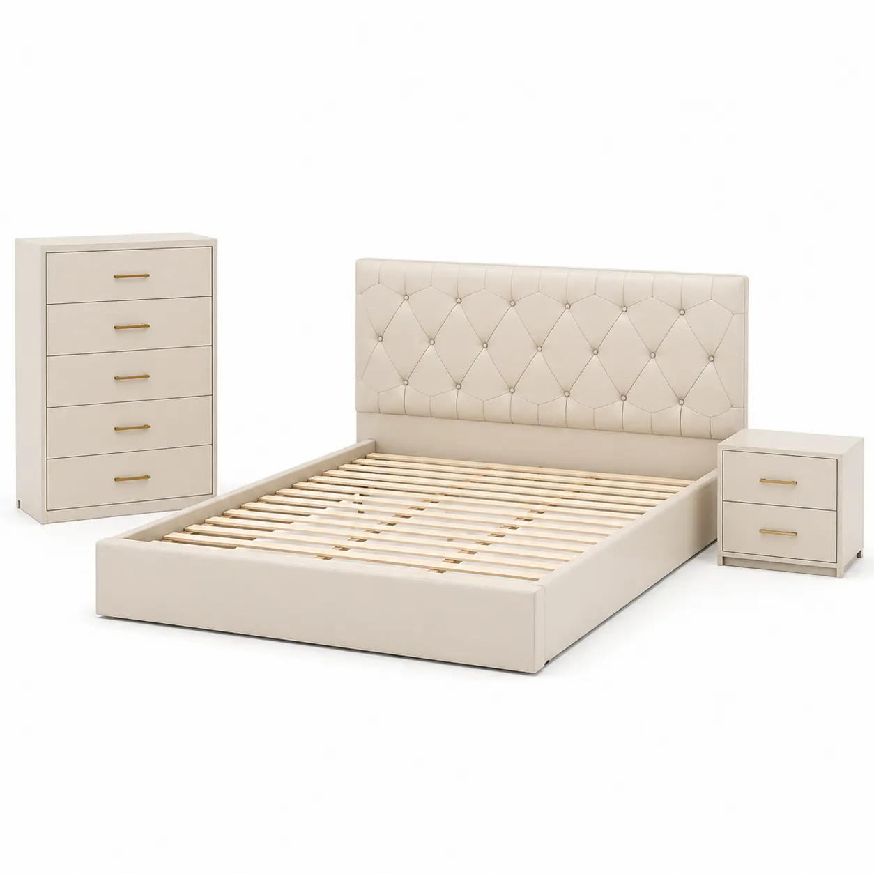Ensemble de chambre lit double en bois et similicuir crème-Arvilen