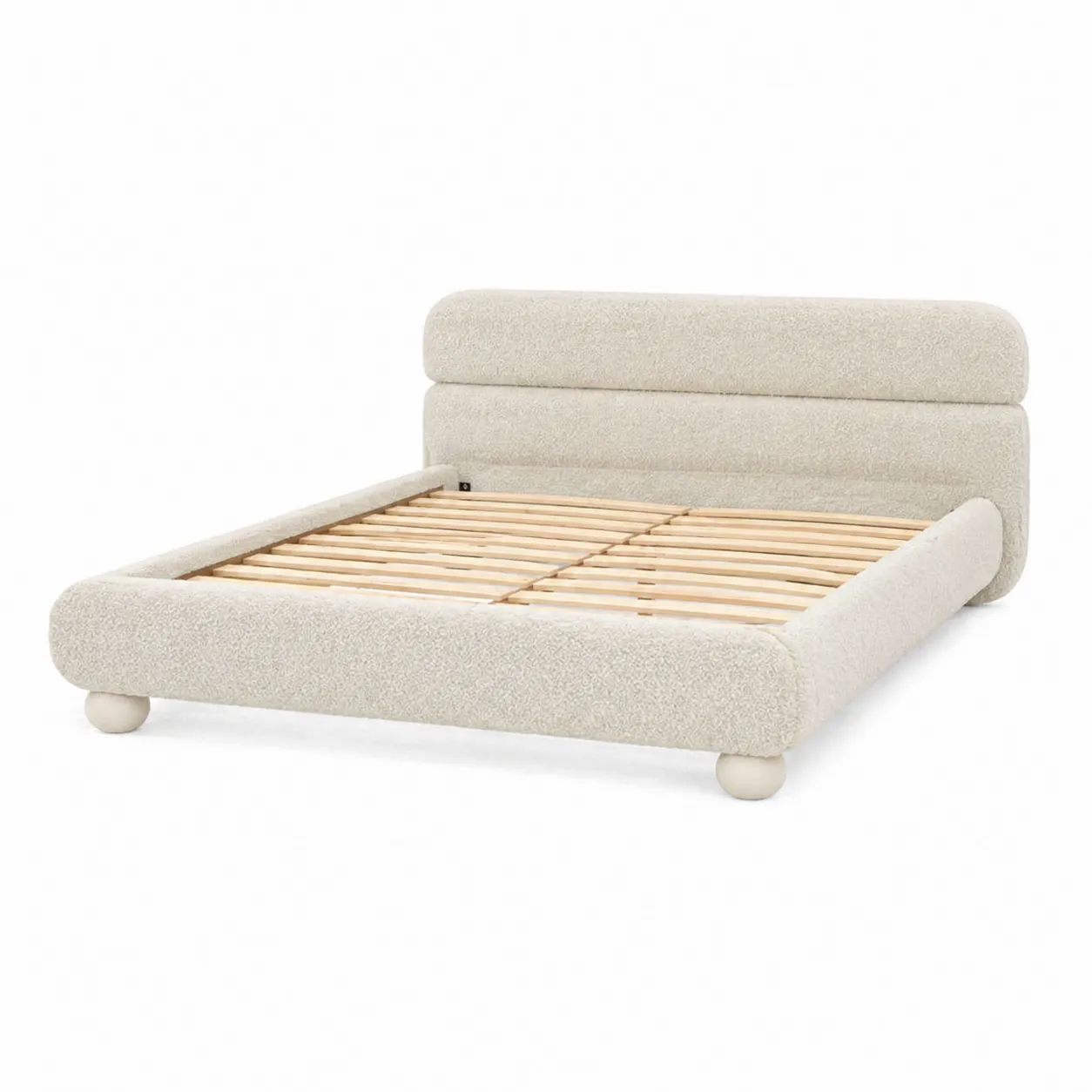 Lit double en bois et tissu bouclé Beige avec tête de lit-Arvilen