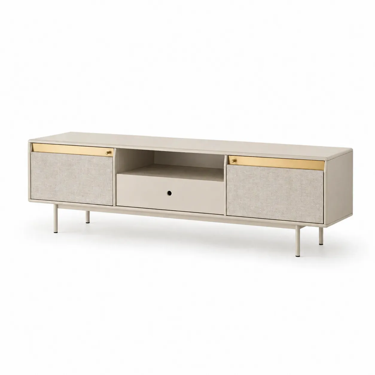 Meuble TV en Bois et Métal avec Portes Tissu Beige 180 cm-Arvilen