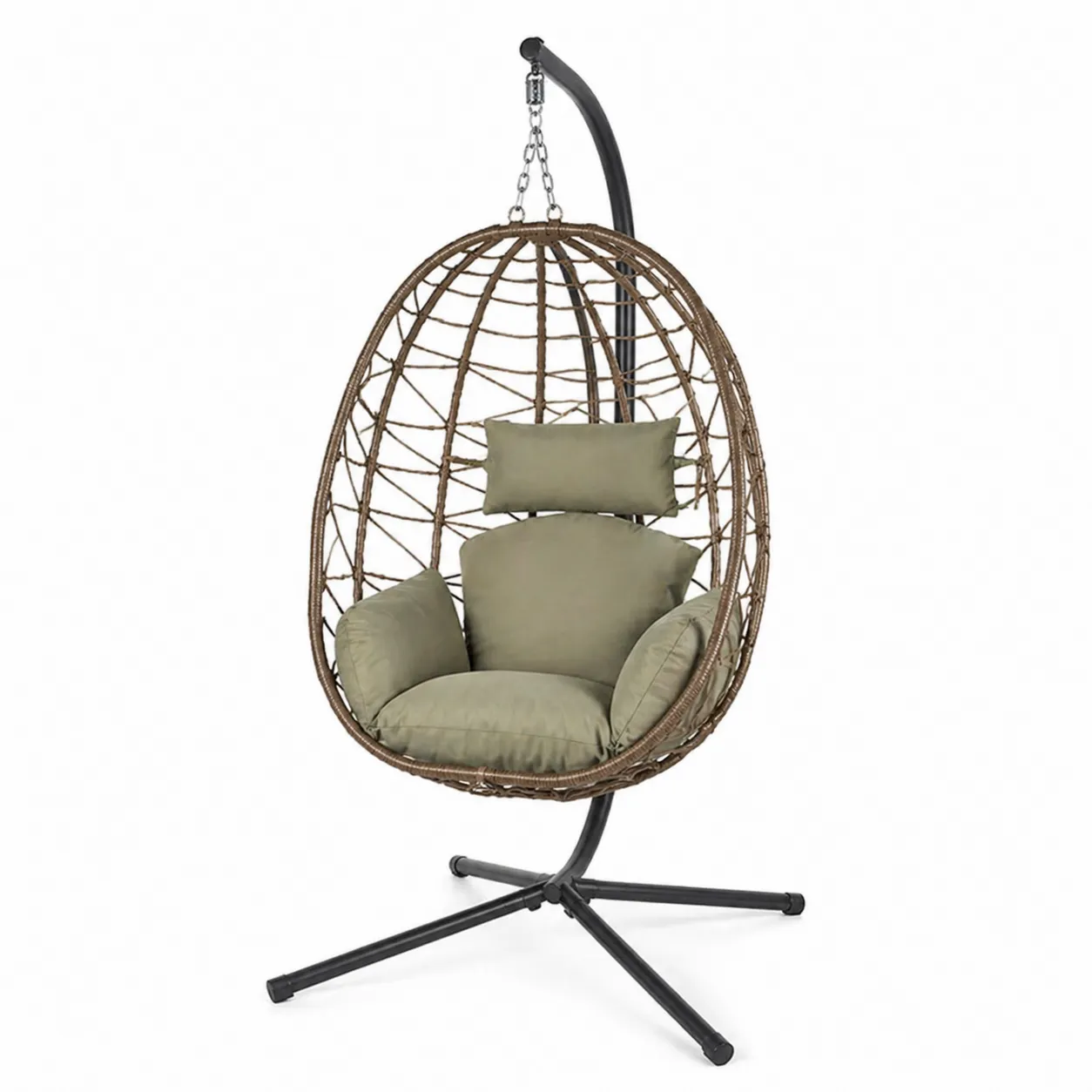 Chaise suspendue en osier et acier avec coussins verts-Arvilen