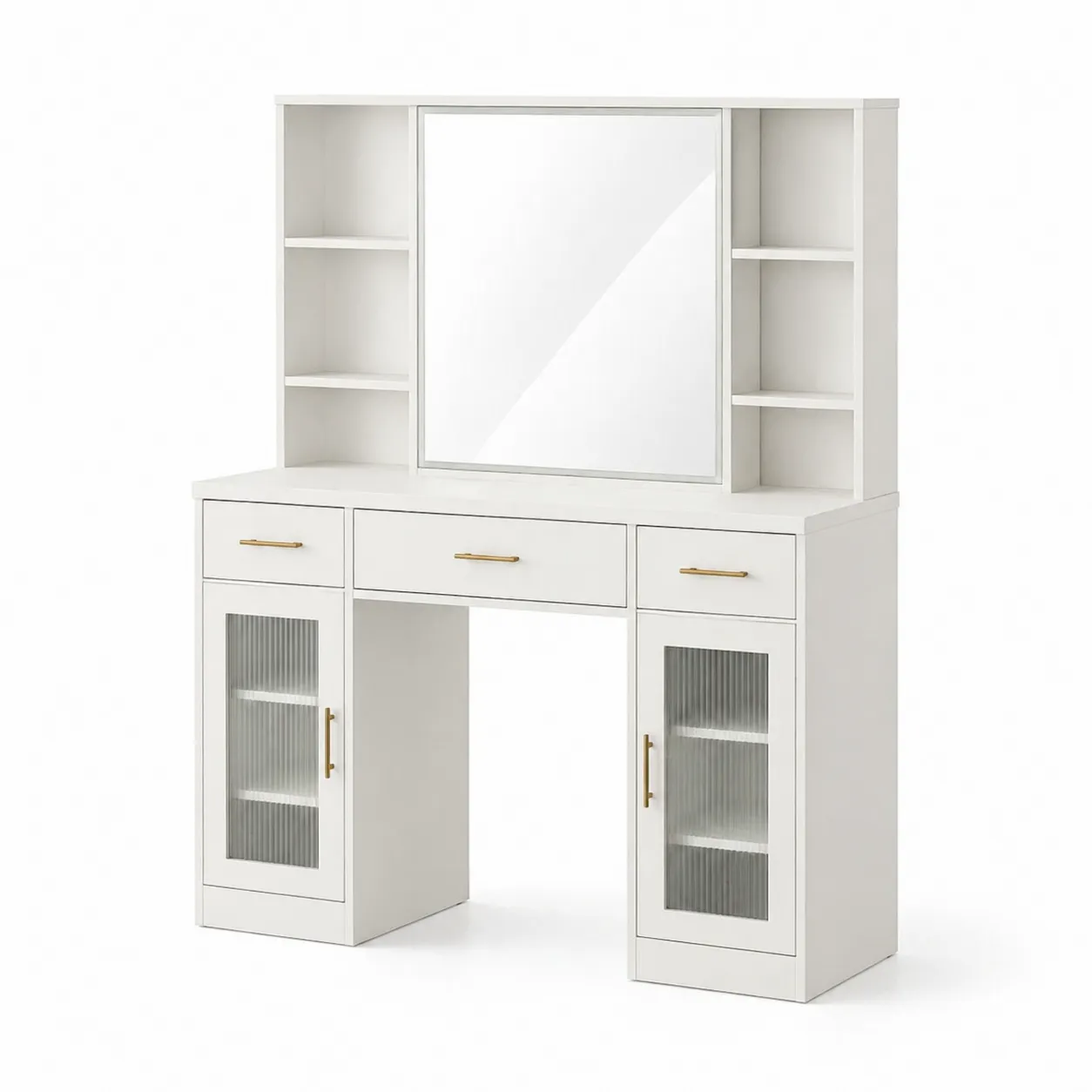 Coiffeuse avec Miroir et Étagères en Bois MDF Blanc-Arvilen