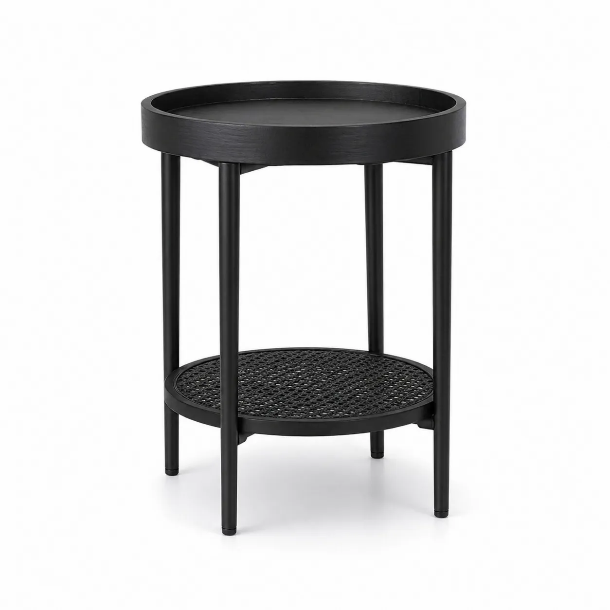 Tavolino Laterale Rotondo Nero in Metallo e Rattan Ø40cm-Lavhealing