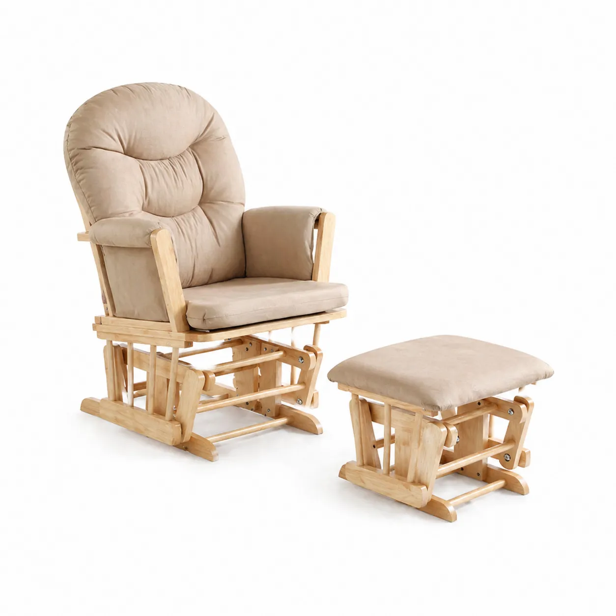 Poltrona a Dondolo e Sgabello in Legno e Microfibra Beige