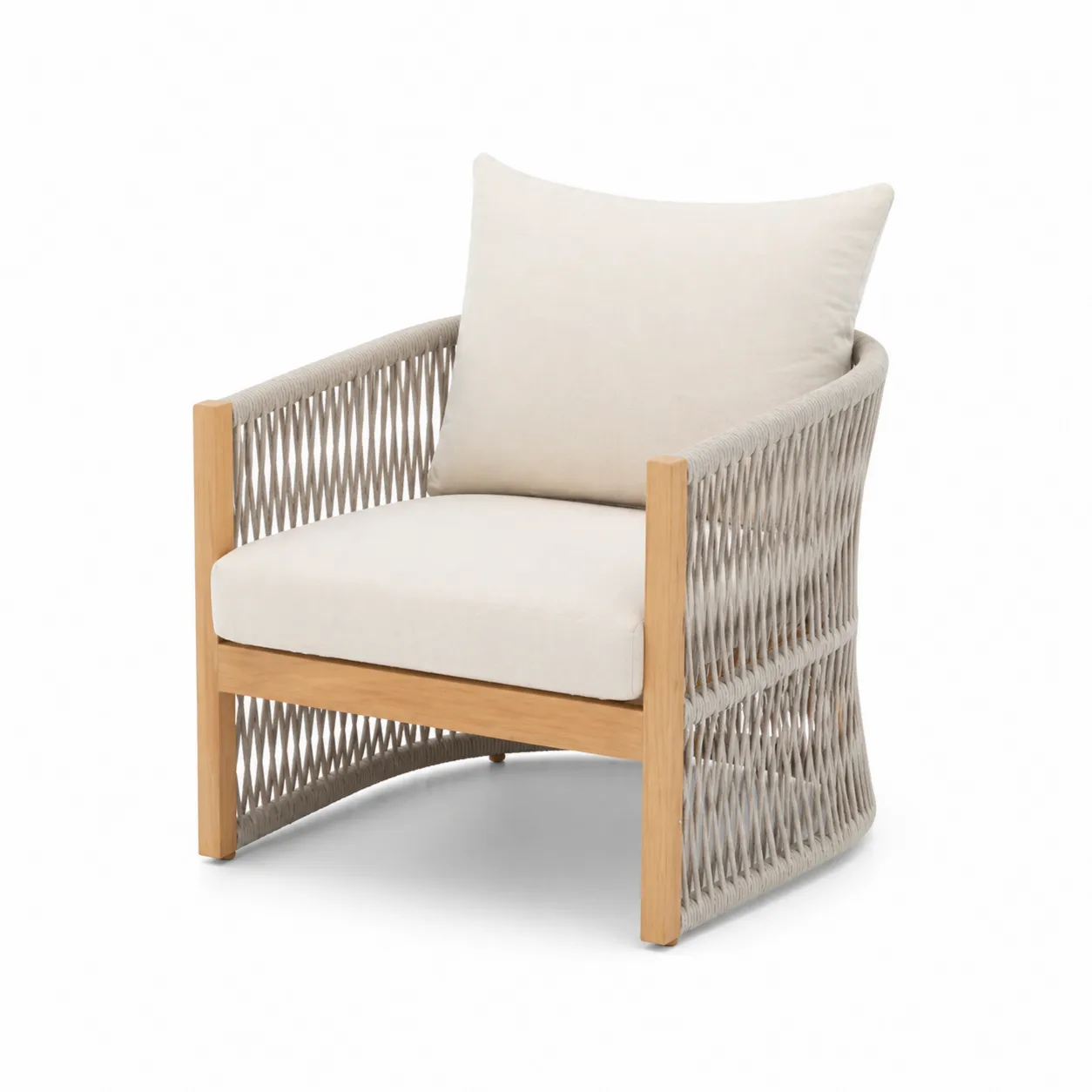 Poltrona in legno di teak e corda con cuscini crema