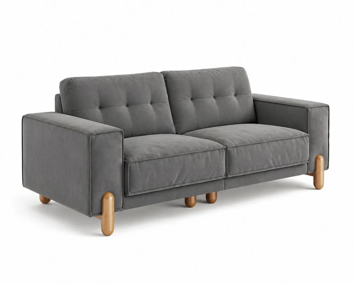 Divano in tessuto grigio con gambe in legno