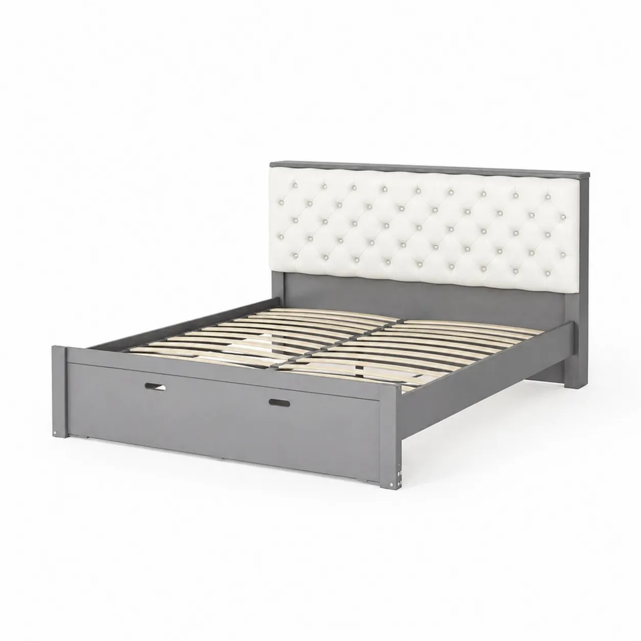 Letto matrimoniale in legno con testiera imbottita in similpelle bianca e contenitore grigio 160x200 cm