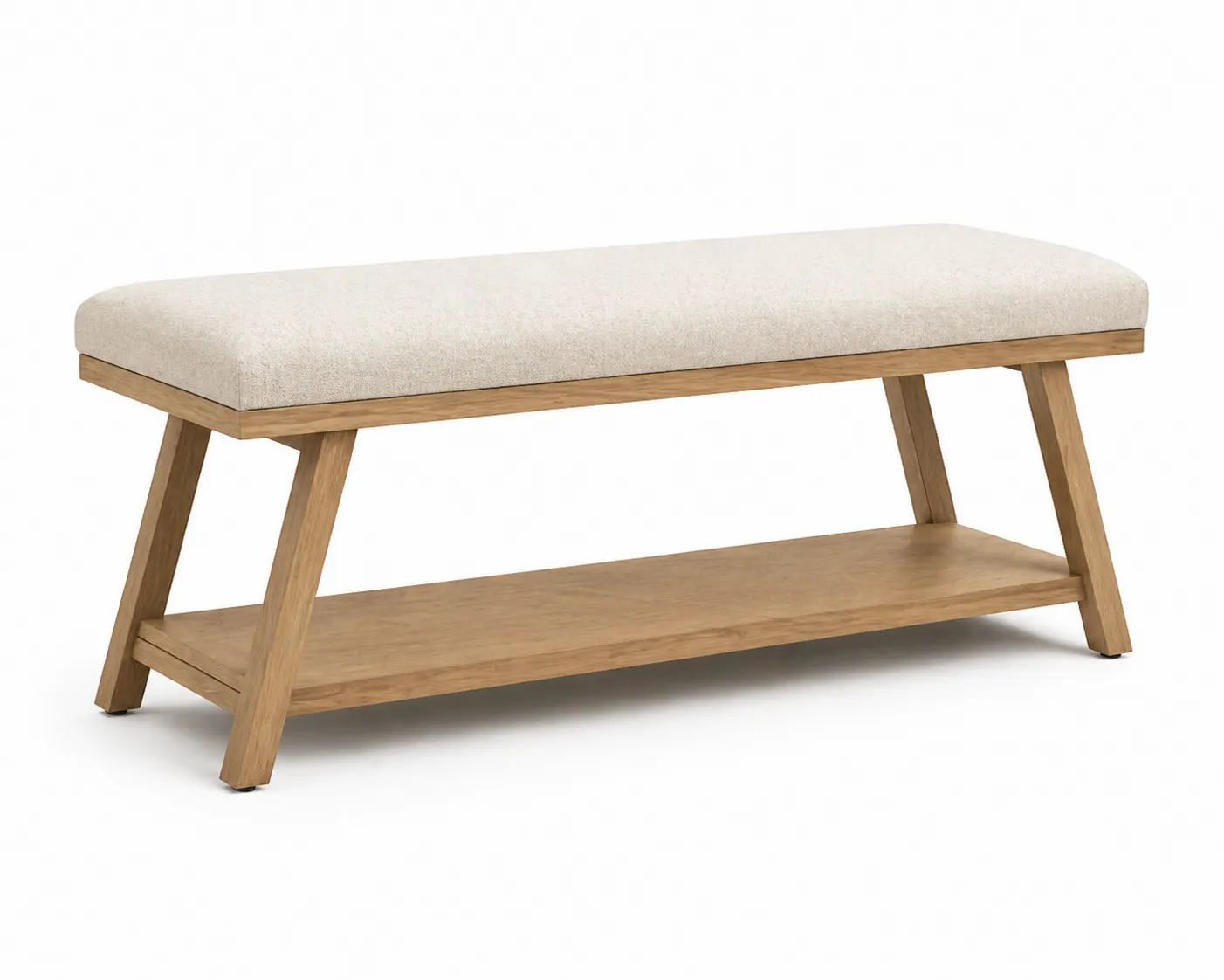 Panca in legno con seduta in tessuto beige e ripiano