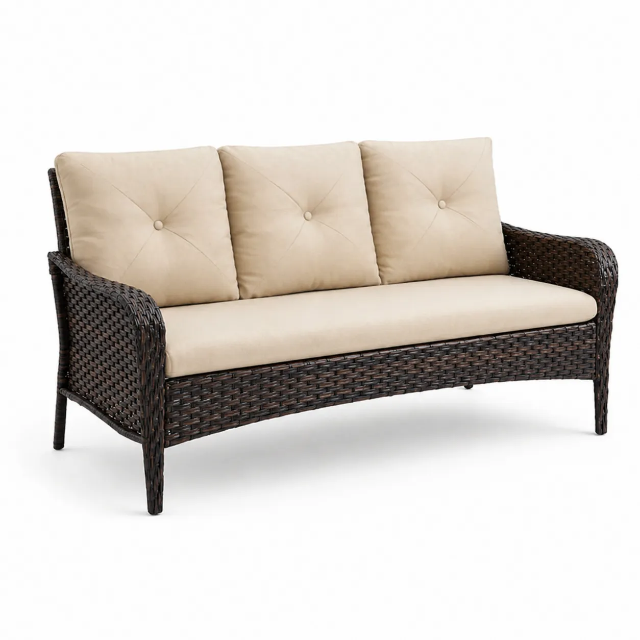 Divano a 3 Posti in Rattan Sintetico Marrone con Cuscini Beige
