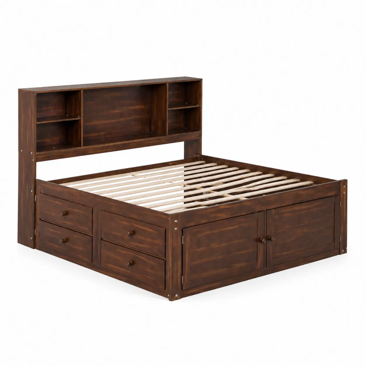 Letto in legno con cassetti e scaffali in Pino Marrone Scuro 200x160 cm