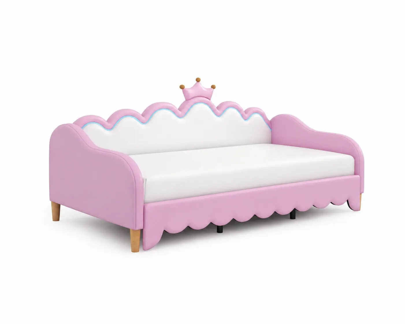 Divano letto per bambini in legno e PU Rosa e Bianco con schienale a forma di corona