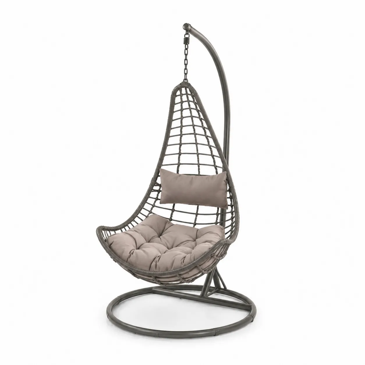 Sedia a Dondolo Sospesa in Rattan Sintetico con Cuscini e Struttura in Acciaio, Marrone Chiaro