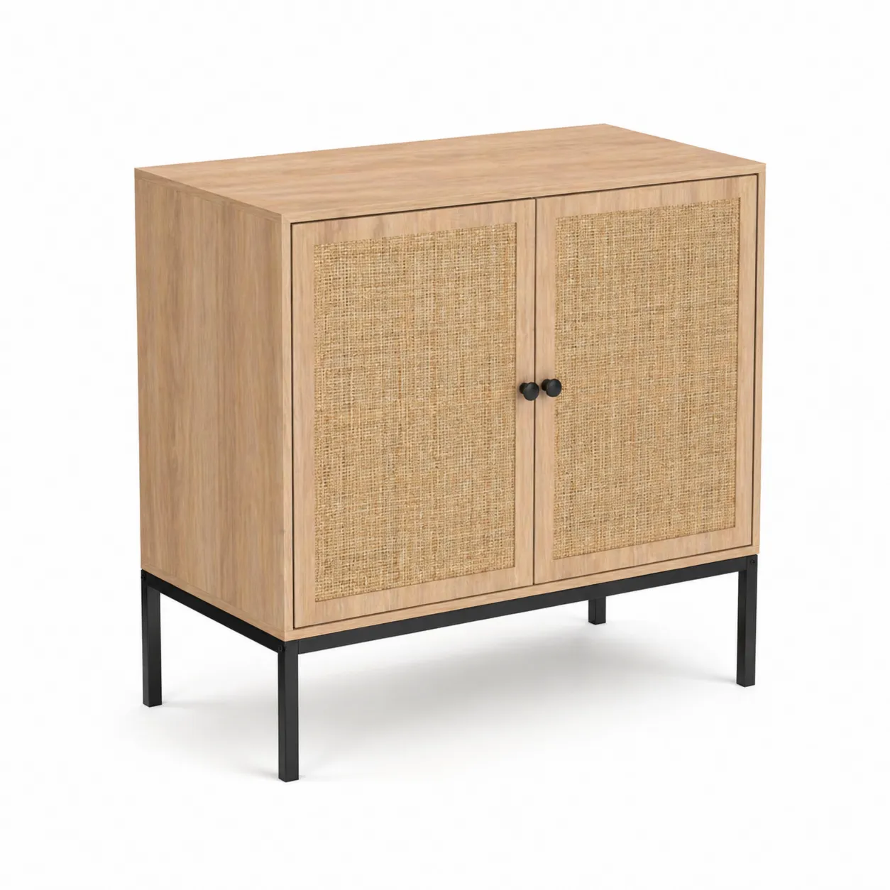 Credenza in Legno e Rattan con Gambe in Metallo 80x40x90 cm