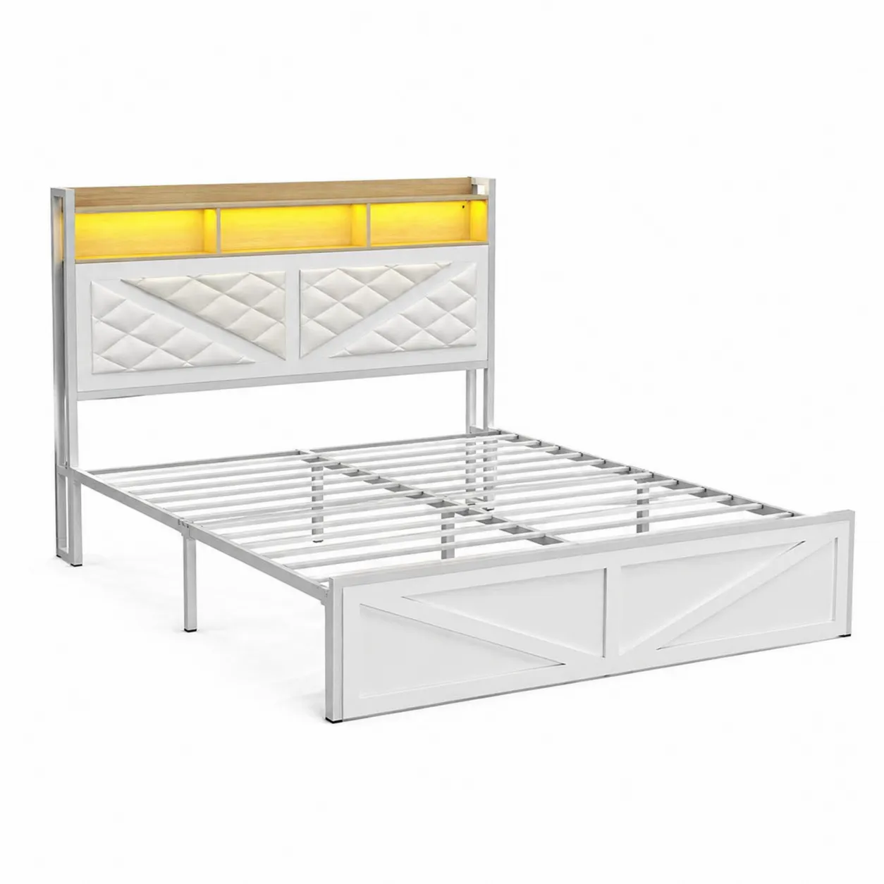Letto matrimoniale in metallo con testiera imbottita e luci LED, bianco 160x200 cm