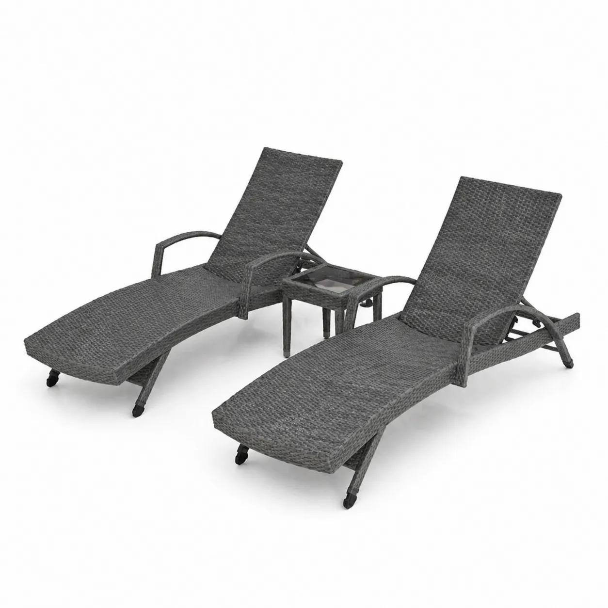 Set di 2 Chaise Lounge in Rattan Sintetico con Tavolino, Grigio