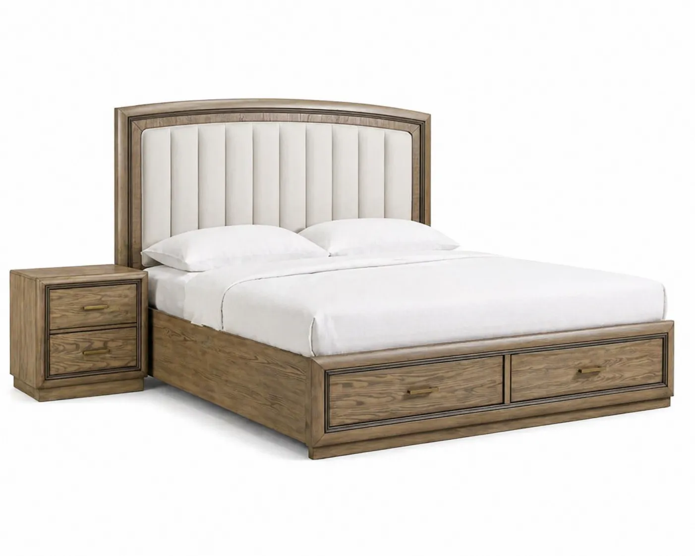Letto matrimoniale in legno e tessuto con comodino