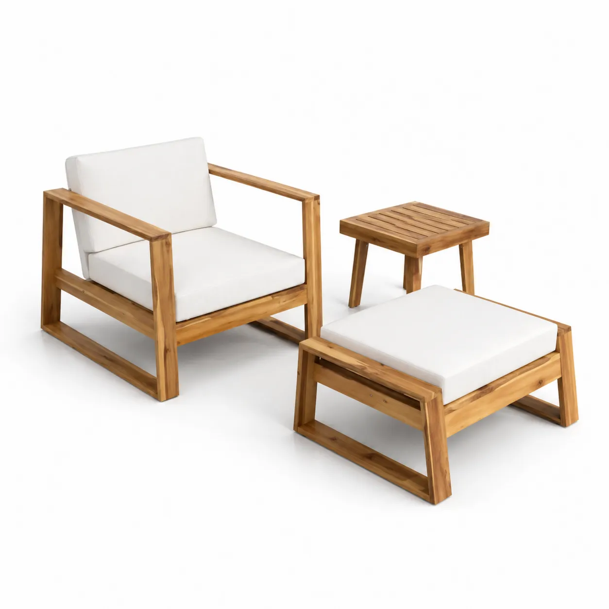 Set di sedie lounge in legno d'acacia con cuscini in poliestere bianchi e tavolino