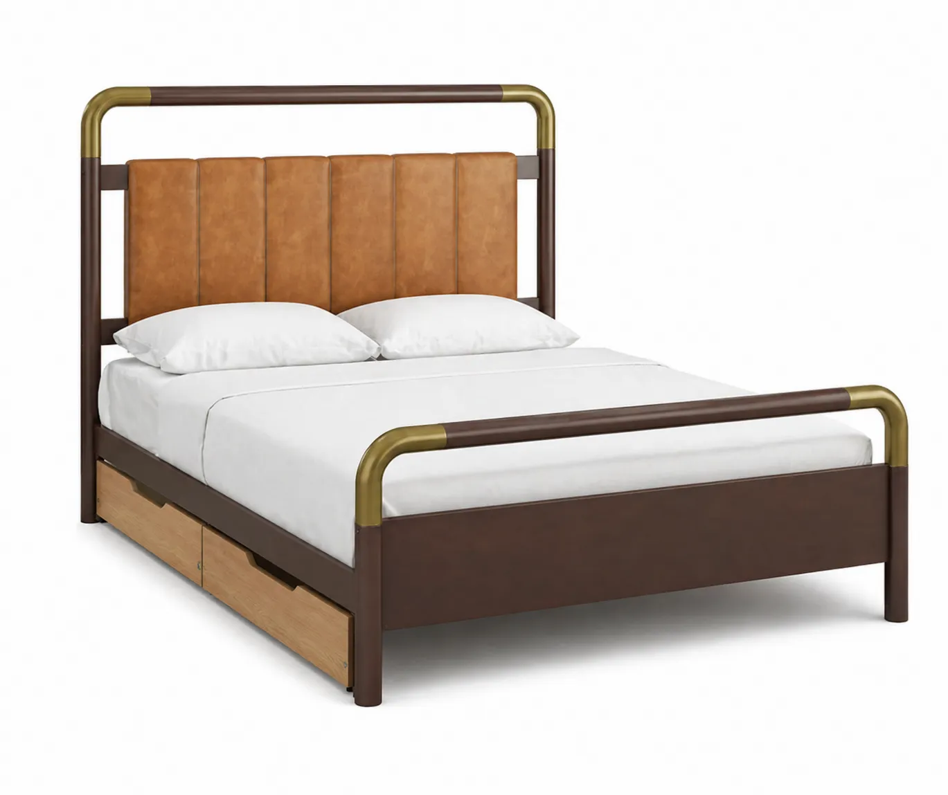 Letto matrimoniale con testiera in pelle sintetica, struttura in metallo e cassetti in legno