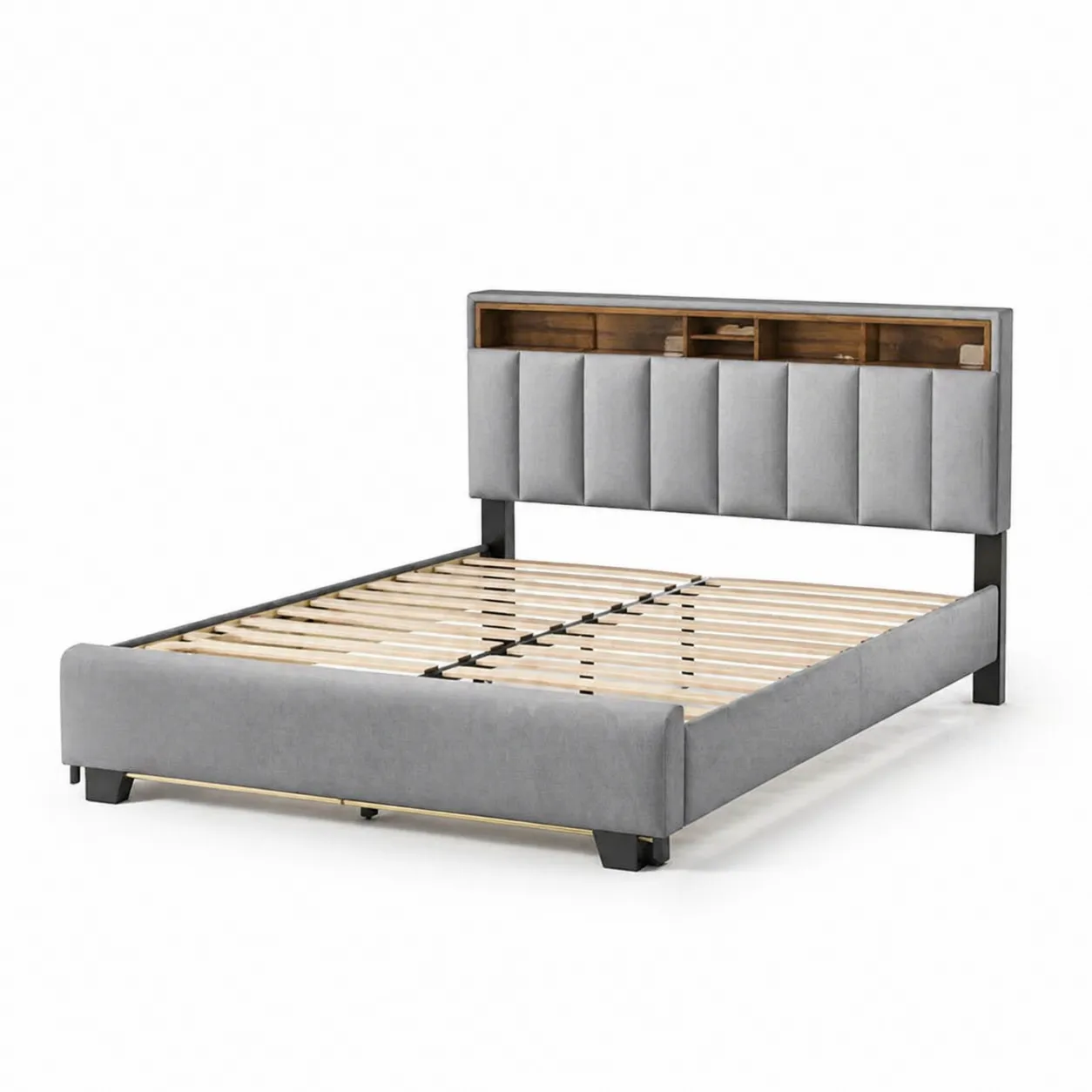 Letto matrimoniale in tessuto e legno con scomparti