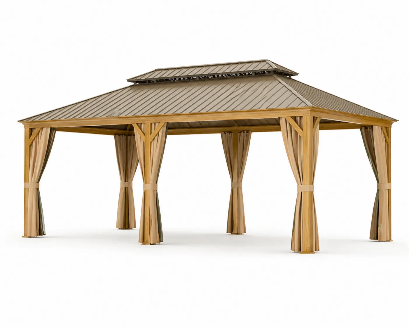 Gazebo in Legno di Cedro con Tetto in Alluminio e Tende in Poliestere Beige 4x3 m