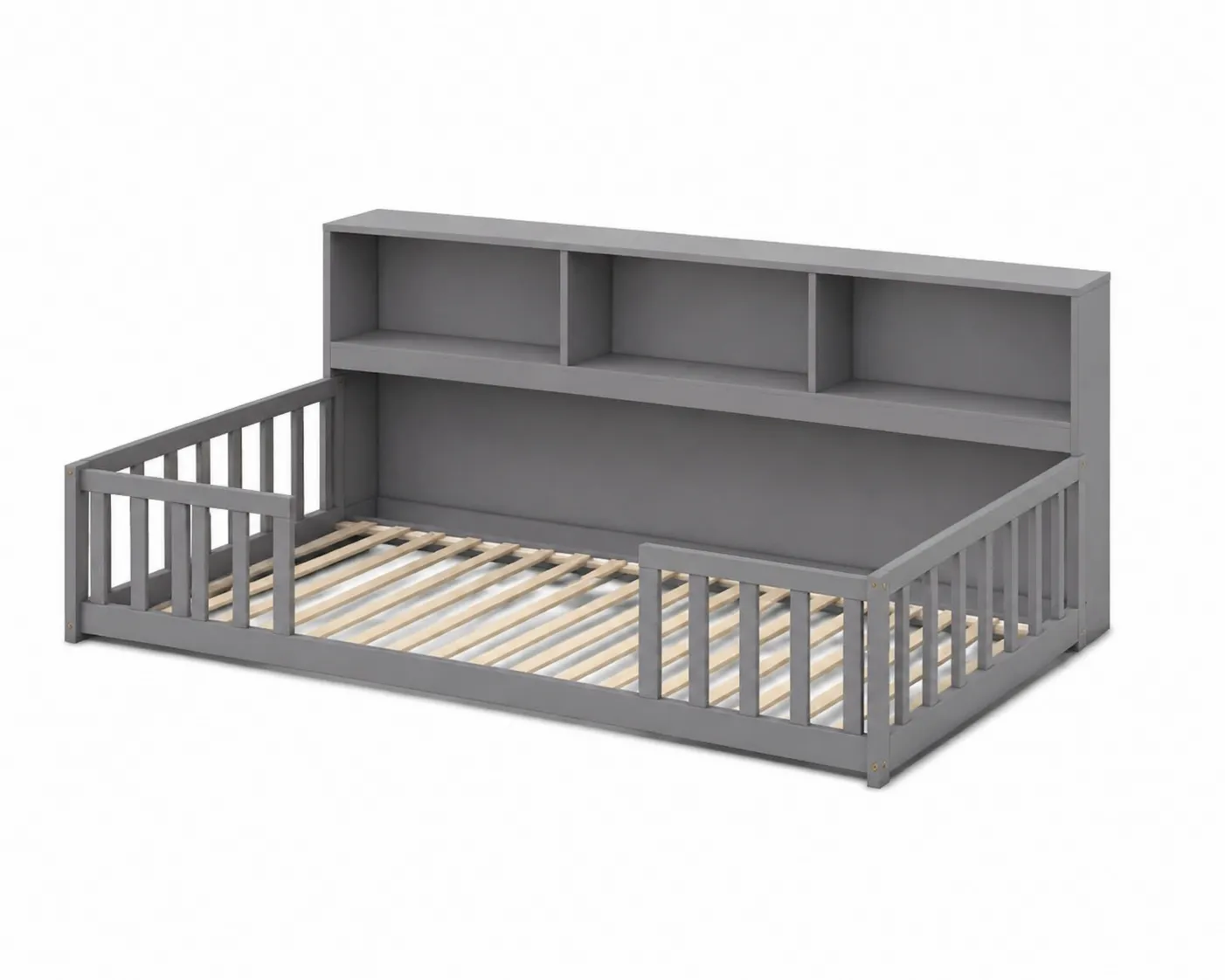 Letto per Bambini in Legno di Pino Grigio con Scaffale e Barriere