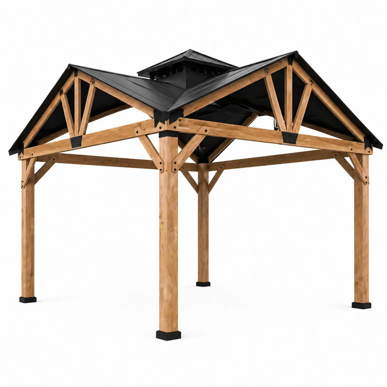 Gazebo in Legno Massello e Acciaio Verniciato con Tetto a Due Livelli