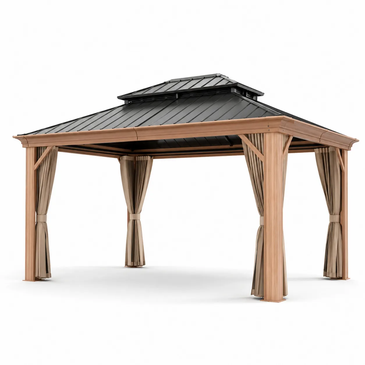Gazebo da Giardino in Legno con Tetto in Alluminio Nero e Tende in Poliestere Beige