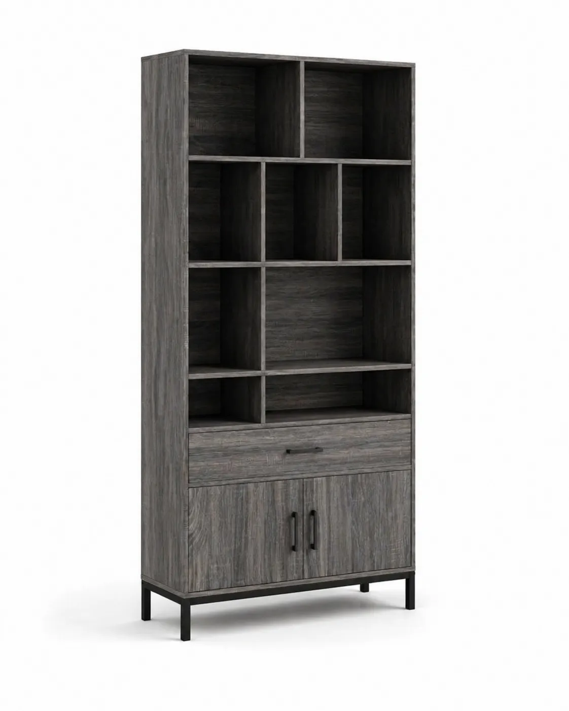 Libreria in legno composito grigio con ripiani e armadietti