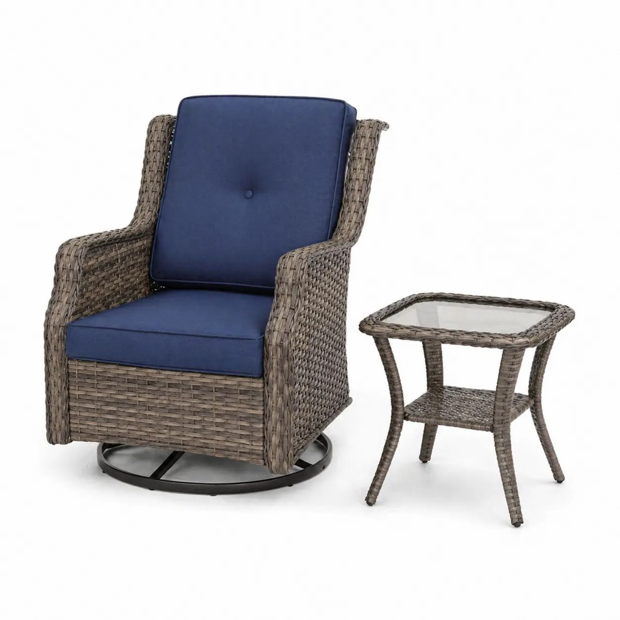 Set di Sedia Rotante in Rattan e Tavolino con Cuscini Blu