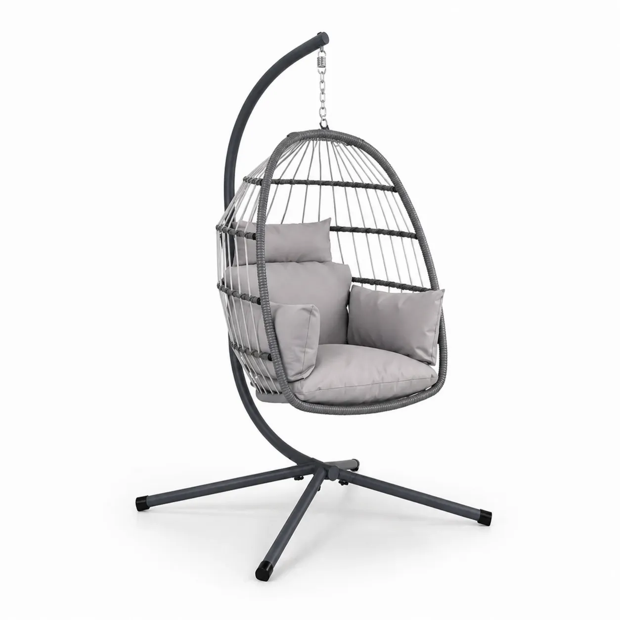 Poltrona Sospesa in Rattan Sintetico Grigio con Cuscini