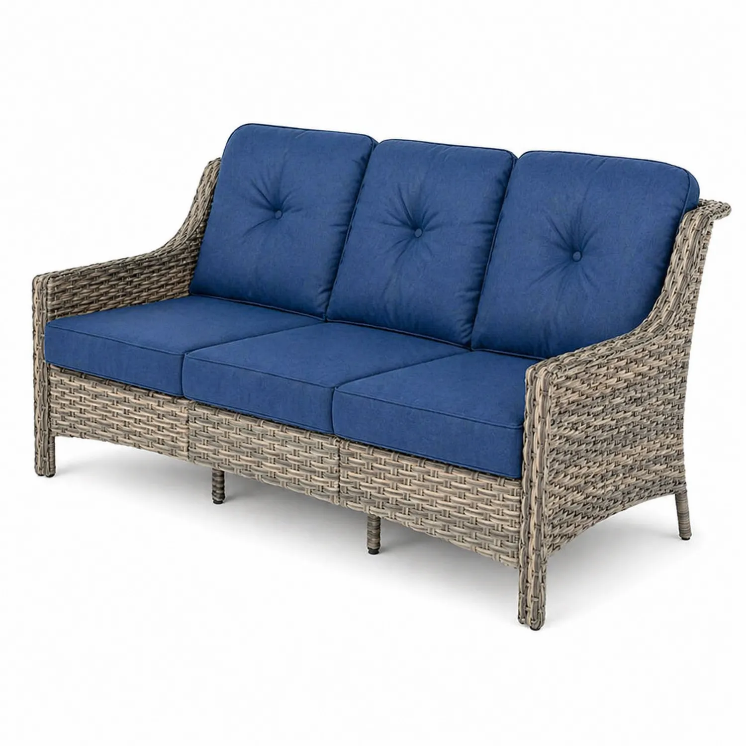 Trzyosobowa sofa z technorattanu z niebieskimi poduszkami