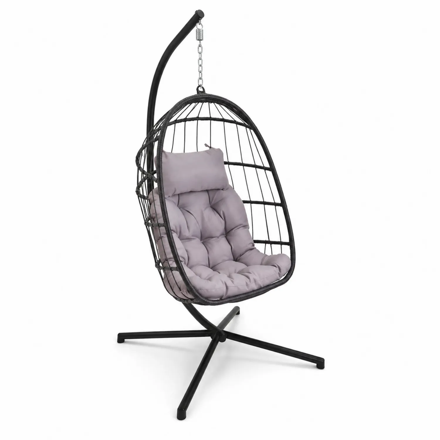 Wiszący fotel z technorattanu stal i poliester czarny i szary 105x95x198 cm