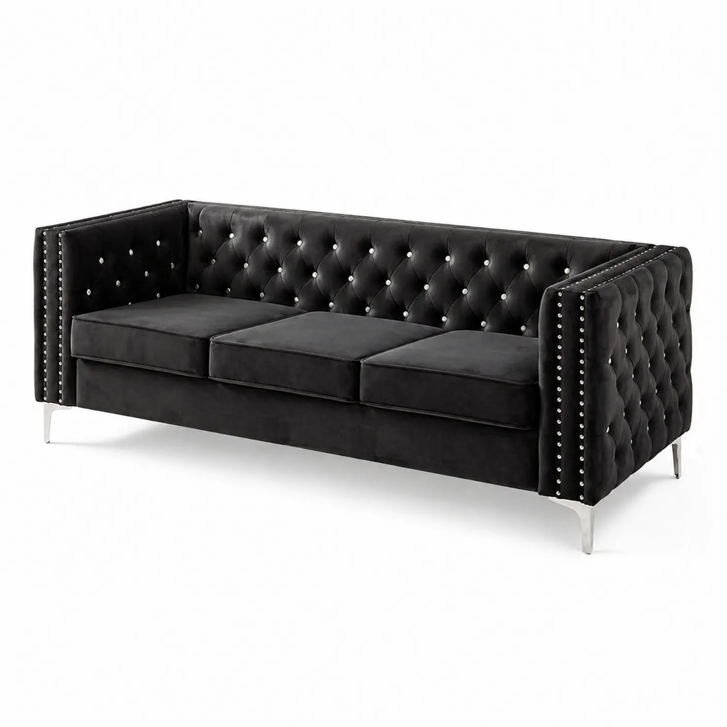 Czarna aksamitna sofa trzyosobowa z kryształowymi guzikami