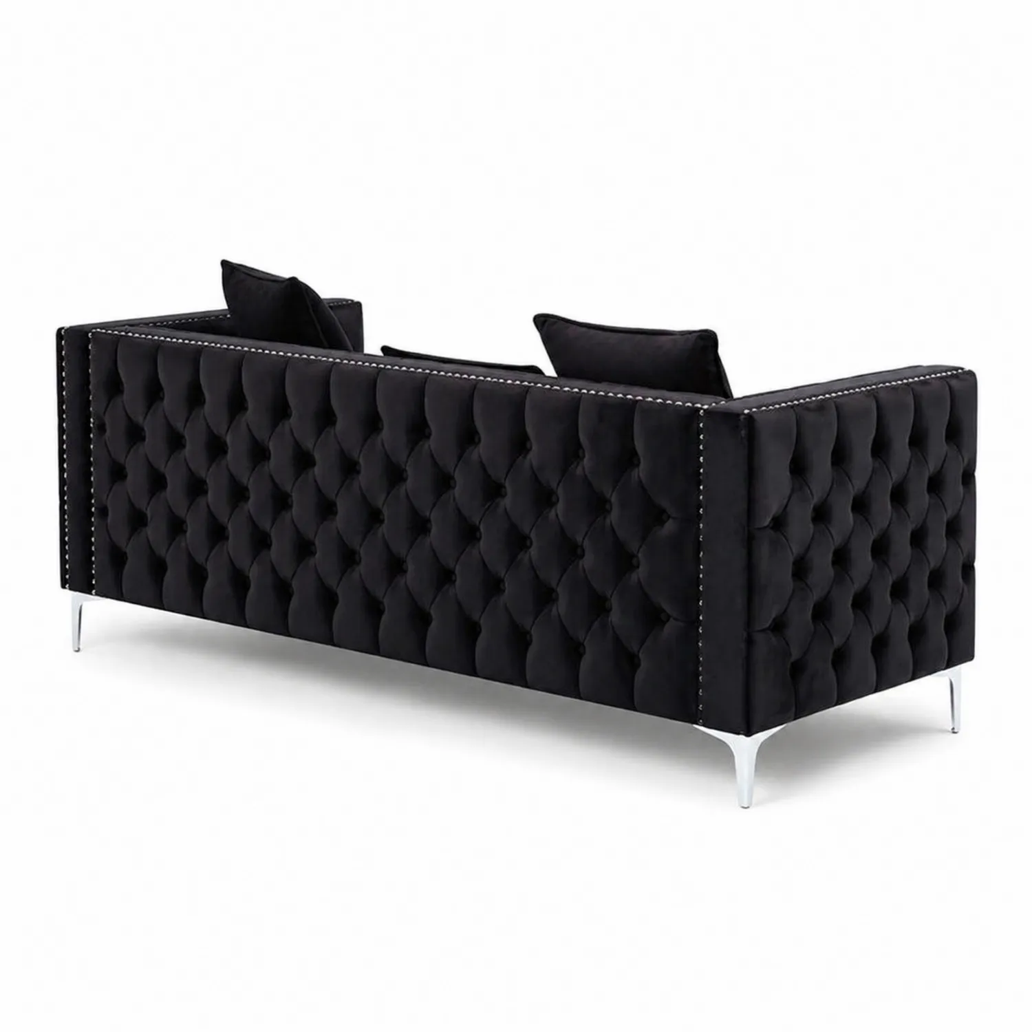 Sofa 3-osobowa Aksamitna Czarna z Metalowymi Nóżkami