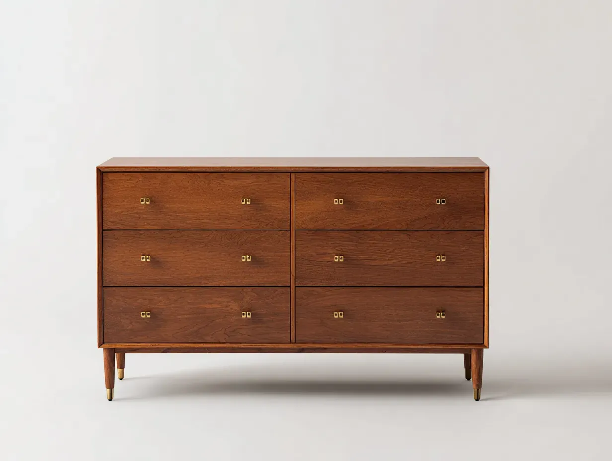Cómoda ancha de dormitorio de madera 145 x 46 x 84 cm - nogal cálido y dorado - para almacenaje residencial - estilo mid-century elegante-Cottaupshop