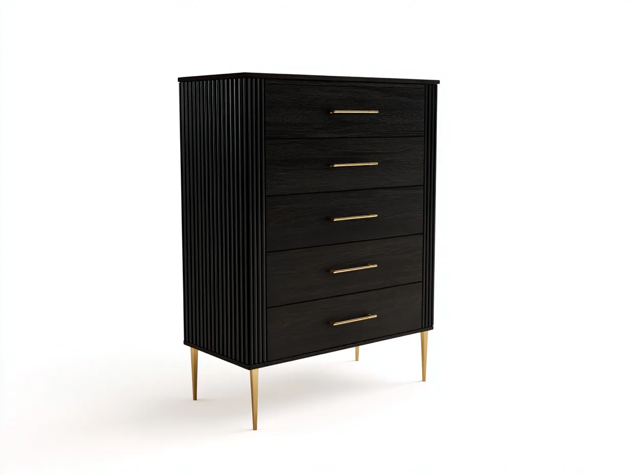 Cómoda alta de dormitorio de madera y metal 90 x 45 x 125 cm - negro ébano y dorado - para almacenaje residencial - estilo sofisticado lineal-Cottaupshop