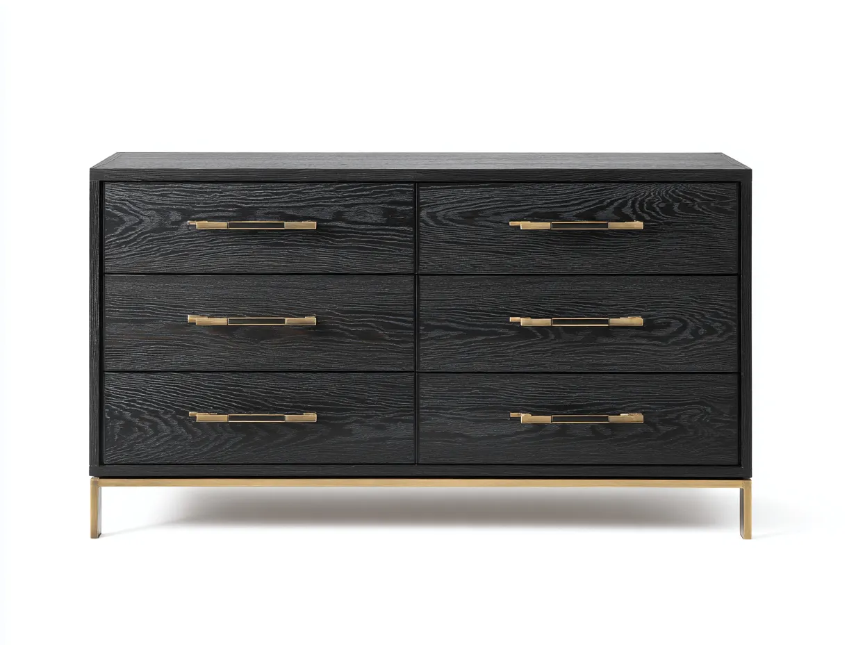 Cómoda ancha de dormitorio de madera y metal 140 x 46 x 82 cm - negro carbón y dorado - para almacenaje interior - estilo moderno distinguido-Cottaupshop