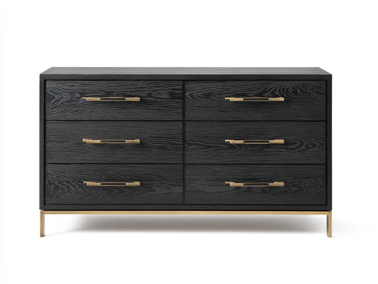 Cómoda ancha de dormitorio de madera y metal 140 x 46 x 82 cm - negro carbón y dorado - para almacenaje interior - estilo moderno distinguido-Cottaupshop