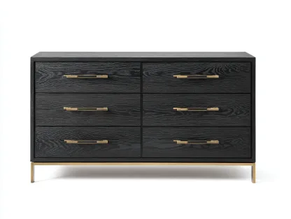 Cómoda ancha de dormitorio de madera y metal 140 x 46 x 82 cm - negro carbón y dorado - para almacenaje interior - estilo moderno distinguido-Cottaupshop