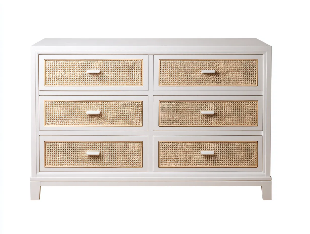Cómoda de dormitorio de madera y fibra trenzada 136 x 46 x 84 cm - blanco lino y natural claro - para almacenaje doméstico y apoyo decorativo - estilo costero contemporáneo-Cottaupshop