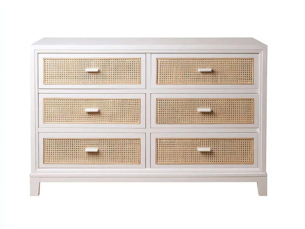 Cómoda de dormitorio de madera y fibra trenzada 136 x 46 x 84 cm - blanco lino y natural claro - para almacenaje doméstico y apoyo decorativo - estilo costero contemporáneo-Cottaupshop